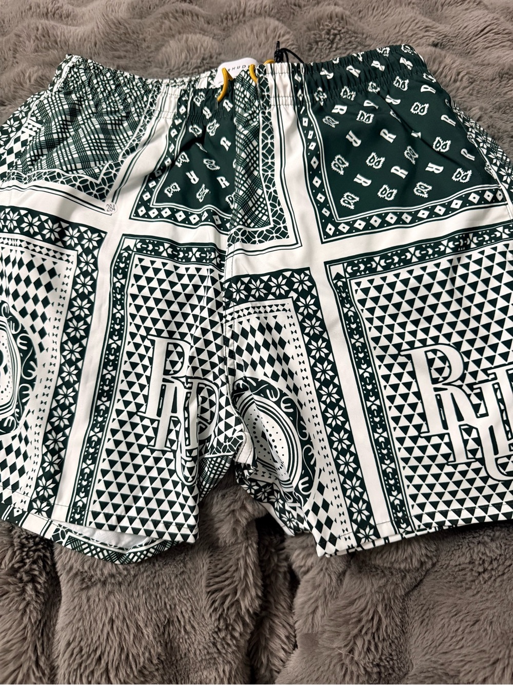 Rhude Men's Green & White Patterned Swim Shorts